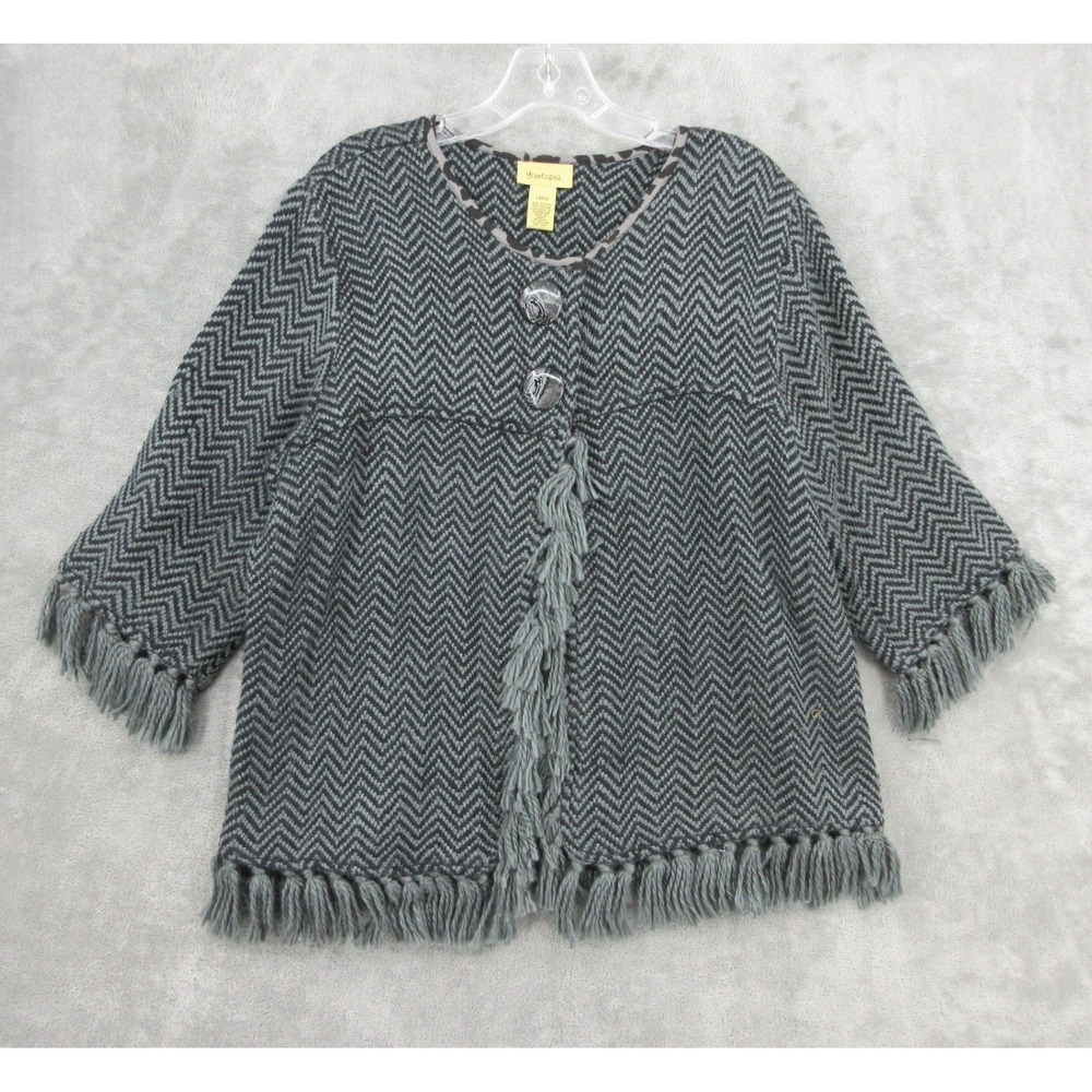 Youtopia Sweater Womens Size L Chevron Fringe Cardigan Western Artsy Boho Grey